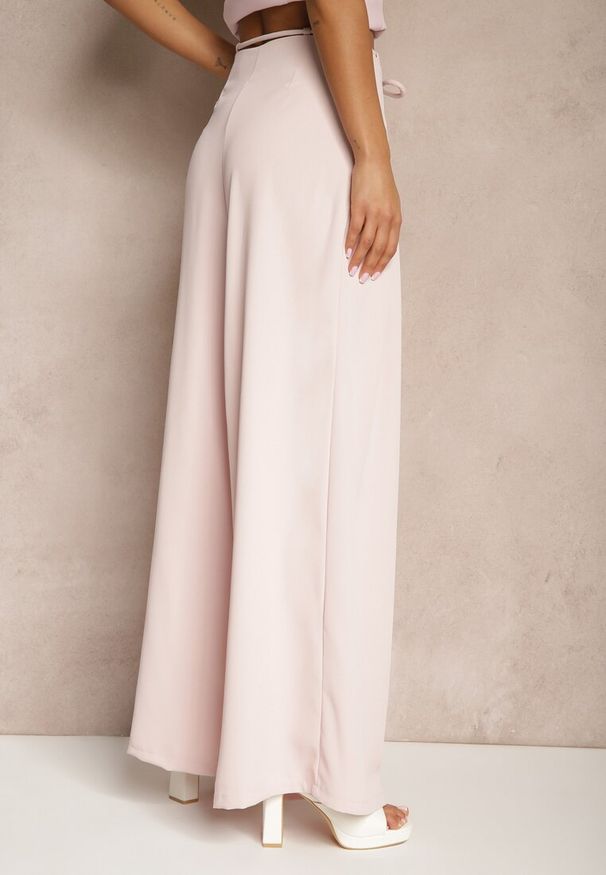Renee - Różowe Szerokie Spodnie High Waist Zapinane na Suwak z Wiązaniem w Talii Vikonnia. Okazja: na co dzień. Stan: podwyższony. Kolor: różowy. Styl: klasyczny, casual, elegancki
