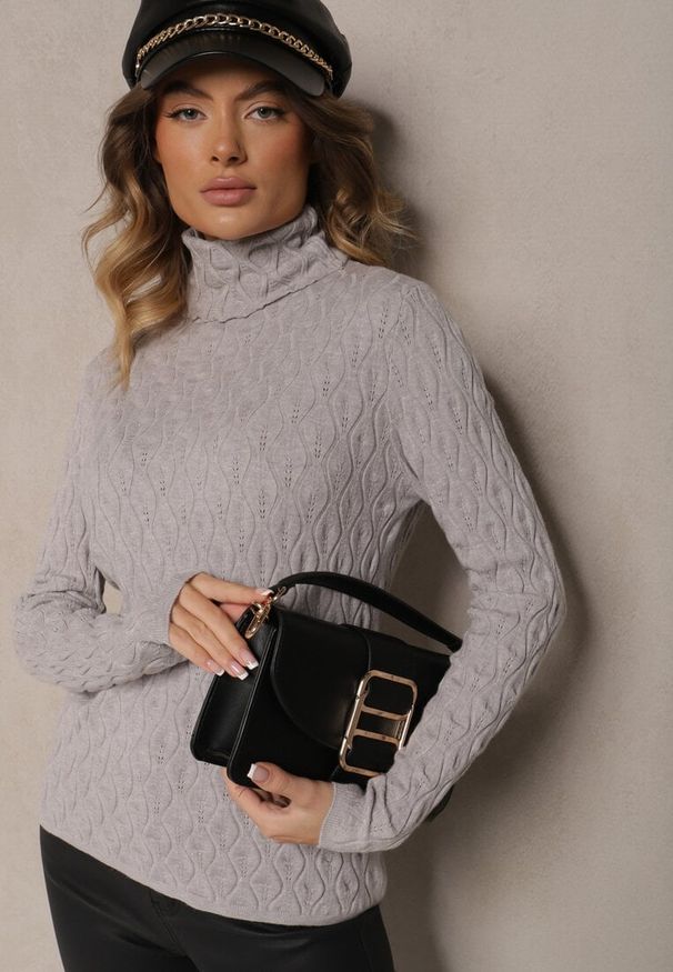 Renee - Szary Golf z Wiskozą w Tłoczony Wzór Przeszyty Metaliczną Nitką Neldora. Okazja: na co dzień. Typ kołnierza: golf. Kolor: szary. Materiał: wiskoza. Sezon: zima, jesień. Styl: wizytowy, casual, elegancki