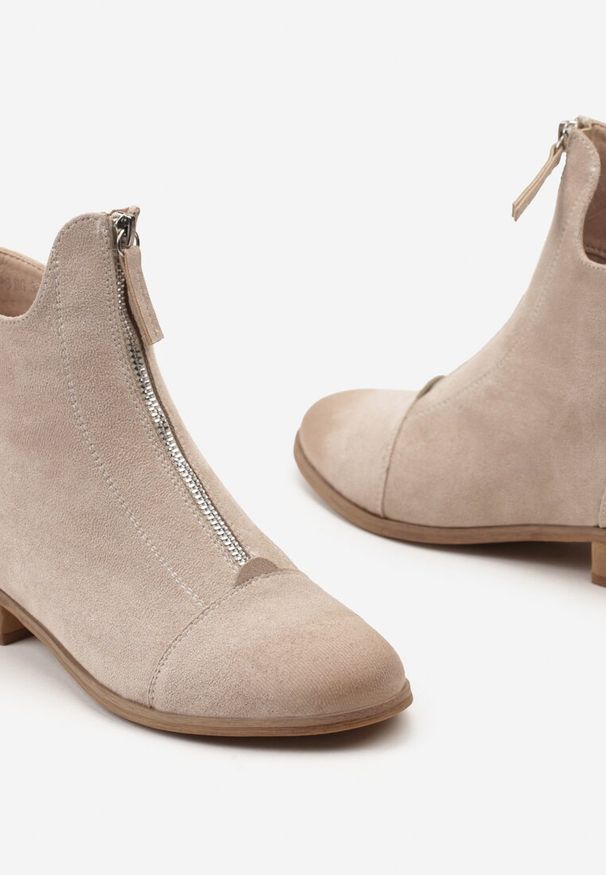 Renee - Beżowe Botki w Stylu Nowoczesnych Sztybletów ze Skórzaną Wkładką i Ozdobnym Suwakiem Asaxs. Kolor: beżowy. Materiał: skóra. Styl: elegancki