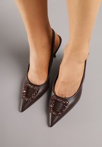 Renee - Brązowe Sandały na Szpilce Ozdobione Aplikacją z Cyrkoniami Isleheart. Zapięcie: sprzączka. Kolor: brązowy. Materiał: jeans. Wzór: aplikacja. Obcas: na szpilce. Styl: elegancki #3