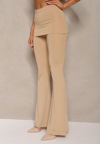 Renee - Beżowe Elastyczne Spodnie o Kroju Dzwonów High Waist z Modelującego Materiału Ivolea. Stan: podwyższony. Kolor: beżowy. Materiał: materiał #4