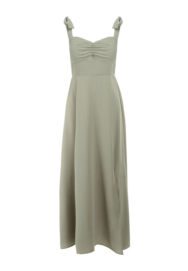 Born2be - Zielona Rozkloszowana Sukienka na Wiązanych Ramiączkach z Rozcięciem Kalora. Kolor: zielony. Materiał: tkanina. Długość rękawa: na ramiączkach. Wzór: gładki. Długość: maxi