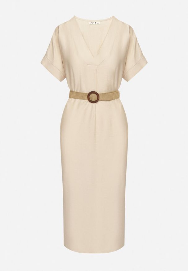 Born2be - Beżowa Wiskozowa Sukienka Pudełkowa z Paskiem i Rozcięciami po Bokach Sonanira. Okazja: na co dzień. Typ kołnierza: dekolt w serek. Kolor: beżowy. Materiał: wiskoza. Styl: elegancki, casual