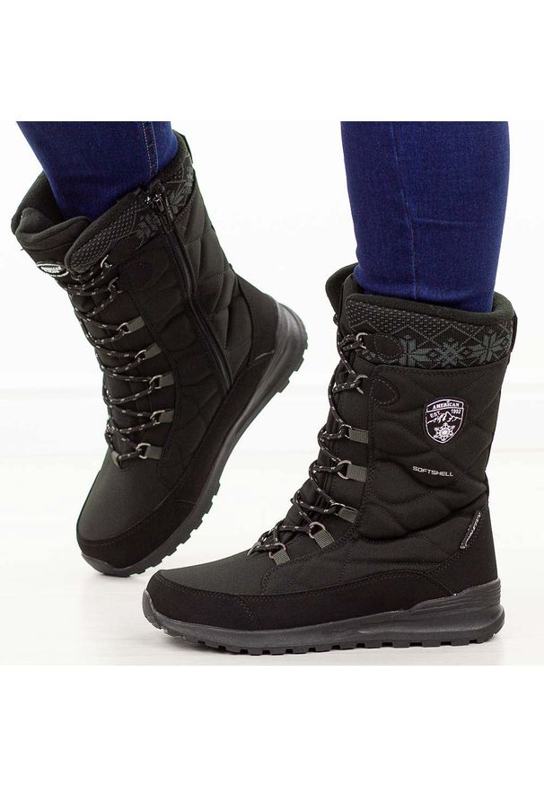 Czarne zimowe śniegowce damskie z membraną American Club Softshell Sn80/25. Okazja: na spacer. Kolor: czarny. Materiał: tkanina, skóra. Szerokość cholewki: normalna. Sezon: zima. Styl: elegancki, klasyczny