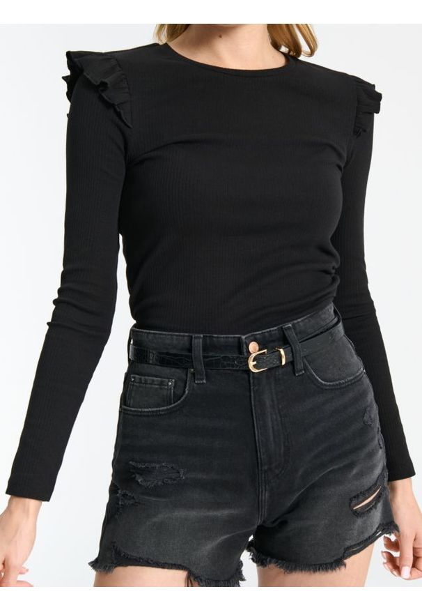 Sinsay - Bluzka z falbanami - czarny. Typ kołnierza: kołnierz z falbankami. Kolor: czarny. Materiał: prążkowany, materiał. Długość rękawa: długi rękaw. Długość: długie