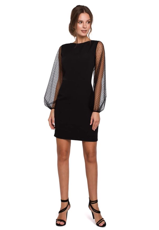 Sukienki.shop - Sukienka elegancka wieczorowa z bufiastymi rękawami z siateczki czarna. Okazja: na ślub cywilny, na wesele. Kolor: czarny. Długość rękawa: długi rękaw. Styl: wizytowy, elegancki. Długość: mini