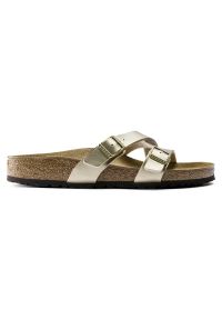 Birkenstock - BIRKENSTOCK Yao Balance BF Gold Klapki damskie. Okazja: na co dzień. Kolor: złoty. Materiał: materiał, skóra. Wzór: paski. Sezon: lato. Styl: casual, elegancki, wakacyjny, klasyczny