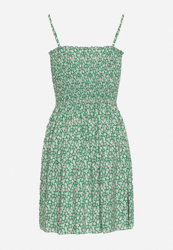 Born2be - Zielona Bawełniana Sukienka na Regulowanych Ramiączkach z Elastycznym Dekoltem Risetta. Kolor: zielony. Materiał: bawełna. Długość rękawa: na ramiączkach. Wzór: kwiaty. Sezon: wiosna, lato