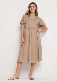 Born2be - Beżowa Wiskozowa Sukienka Rozkloszowana z Dekoltem V Natilenia. Okazja: na co dzień. Kolor: beżowy. Materiał: wiskoza. Styl: klasyczny, elegancki, casual #3