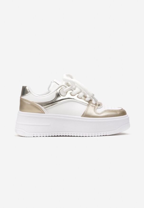 Renee - Biało-Złote Sznurowane Sneakersy na Platformie z Metalicznymi Wstawkami Arileva. Kolor: biały. Materiał: jeans. Obcas: na platformie