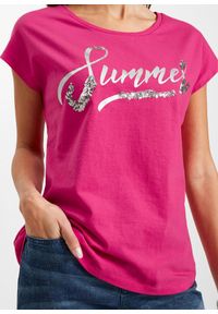 bonprix - Shirt z cekinami. Kolor: różowy. Wzór: napisy #2