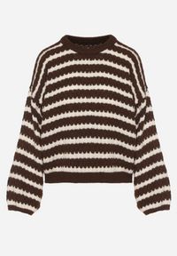 Born2be - Ciemnobrązowy Sweter Oversize z Wełną i Wiskozą o Luźnym Splocie w Paski Ternose. Okazja: na co dzień. Kolor: brązowy. Materiał: wełna, wiskoza. Wzór: ze splotem, paski. Styl: klasyczny, casual #3