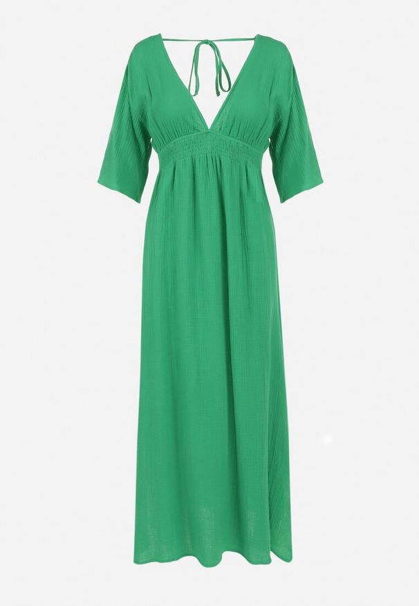 Born2be - Zielona Sukienka Maxi z Gumką w Pasie i Wiązaniem na Karku Titaphine. Kolor: zielony. Sezon: wiosna, lato. Długość: maxi
