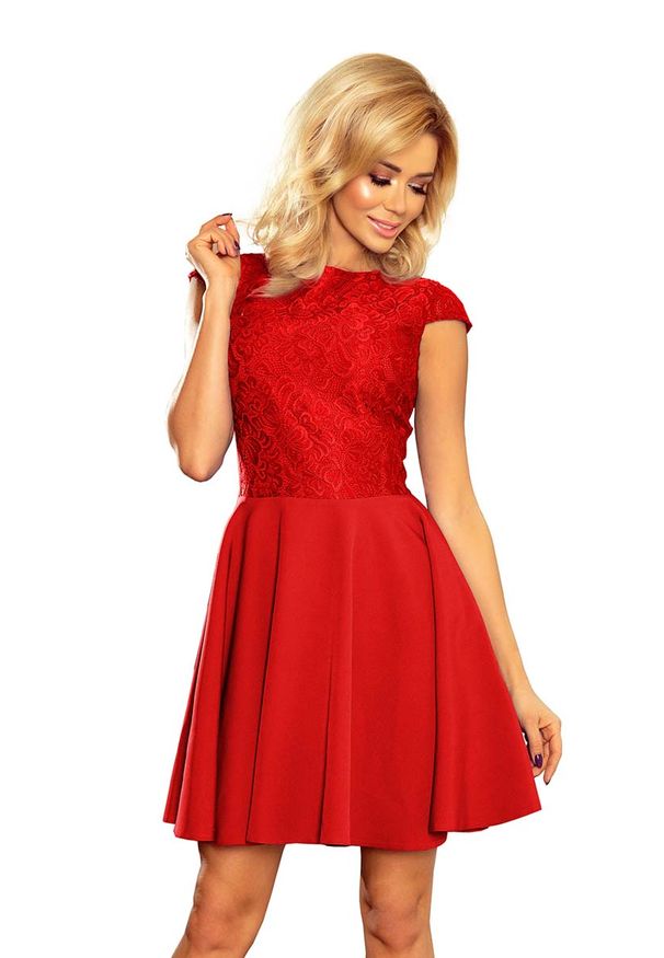 Numoco - Sukienka Elegancka Rozkloszowana z Koronką - Czerwona. Kolor: czerwony. Materiał: koronka. Wzór: koronka. Styl: elegancki
