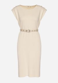 Born2be - Beżowa Sukienka z Wiskozą o Pudełkowym Kroju z Paskiem z Klamrą Polliviera. Okazja: na co dzień. Kolor: beżowy. Materiał: wiskoza. Styl: casual, elegancki #2