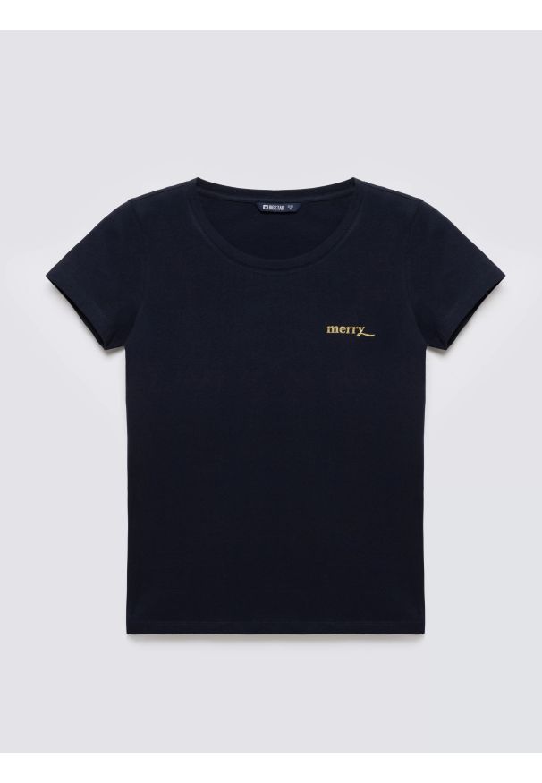 Big-Star - Koszulka damska z brokatowym nadrukiem granatowa Merra 403. Kolor: niebieski. Materiał: dzianina, puch. Długość rękawa: krótki rękaw. Długość: krótkie. Wzór: nadruk. Sezon: zima. Styl: klasyczny, wizytowy