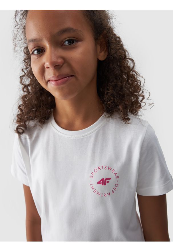 4f - 4F T-shirt gładki dziewczęcy - biały 146 (10-11 lat). Okazja: na co dzień. Kolor: biały. Materiał: bawełna, jersey, dzianina. Długość rękawa: krótki rękaw. Długość: krótkie. Wzór: gładki. Sezon: lato. Styl: sportowy, klasyczny, casual