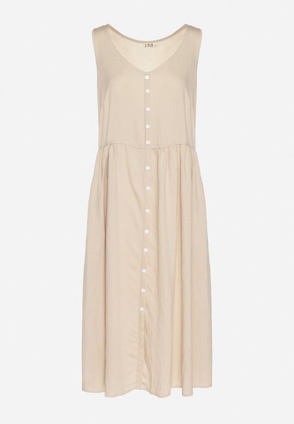 Born2be - Beżowa Wiskozowa Sukienka o Rozkloszowanym Kroju z Guzikami Natesana. Okazja: na spacer, na co dzień. Kolor: beżowy. Materiał: wiskoza. Typ sukienki: proste. Styl: casual