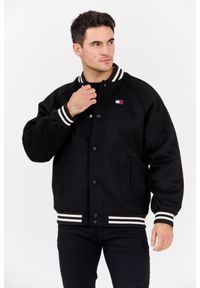 Tommy Jeans - TOMMY JEANS Czarny męski bomber z domieszką wełny Varsity, Rozmiar M. Okazja: na co dzień. Kolor: czarny. Materiał: wełna. Wzór: paski. Styl: klasyczny, sportowy, casual, elegancki