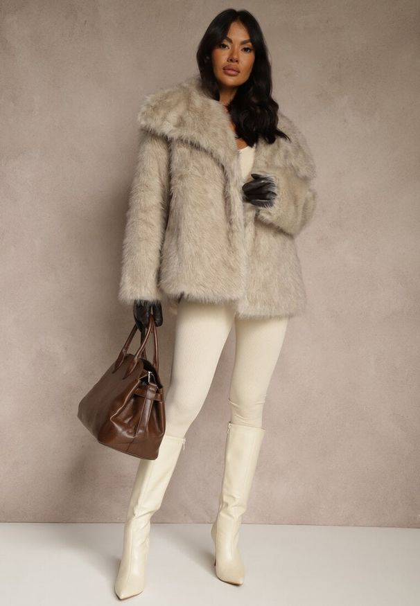 Renee - Beżowa Dwurzędowa Kurtka Futerko Oversize Nenalla. Okazja: na co dzień. Kolor: beżowy. Materiał: futro. Styl: casual