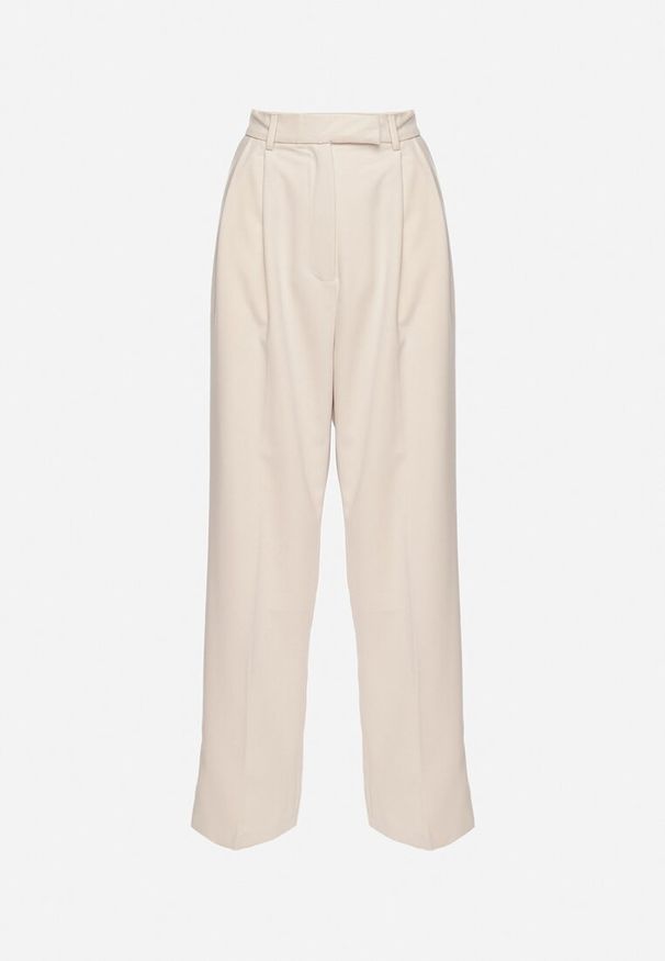 Born2be - Beżowe Garniturowe Spodnie z Wysokim Stanem i Szerokimi Nogawkami Cerda. Okazja: na spotkanie biznesowe. Stan: podwyższony. Kolor: beżowy. Styl: biznesowy, elegancki