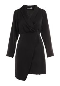 Born2be - Czarna Sukienka Tryphala. Typ kołnierza: dekolt w kształcie V. Kolor: czarny. Materiał: tkanina. Długość rękawa: długi rękaw. Wzór: gładki, jednolity, aplikacja. Typ sukienki: kopertowe. Styl: klasyczny. Długość: mini #5