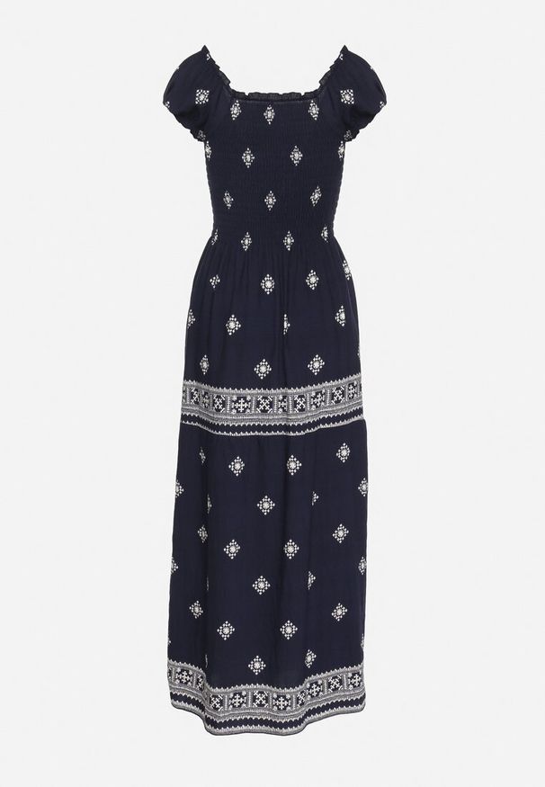 Born2be - Granatowa Sukienka z Wiskozy ze Wzorem Boho Ellirose. Okazja: na co dzień. Kolor: niebieski. Materiał: wiskoza. Wzór: aplikacja. Sezon: wiosna. Styl: boho