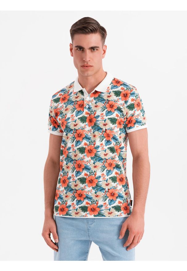 Ombre Clothing - Koszulka polo bawełniana z nadrukiem w kwiaty – biała V1 OM-POSS-0149 - XXL. Okazja: na co dzień. Typ kołnierza: polo. Kolor: biały. Materiał: bawełna. Wzór: kwiaty, nadruk. Sezon: lato. Styl: wakacyjny, elegancki, casual
