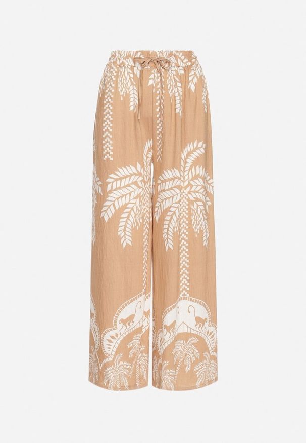 Born2be - Ciemnobeżowe Wiskozowe Szerokie Spodnie z Wysokim Stanem z Palmami Bolritia. Okazja: na co dzień, do pracy, na spotkanie biznesowe. Stan: podwyższony. Kolor: beżowy. Materiał: wiskoza. Styl: klasyczny, casual, biznesowy, elegancki