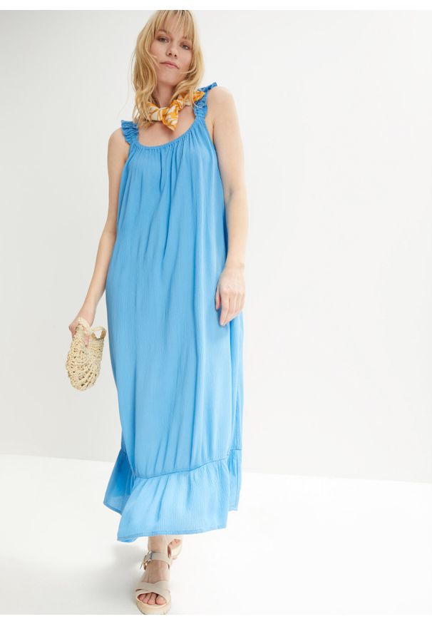 bonprix - Sukienka midi z kreszowanej wiskozy, z kieszeniami. Kolor: niebieski. Materiał: wiskoza. Długość: midi