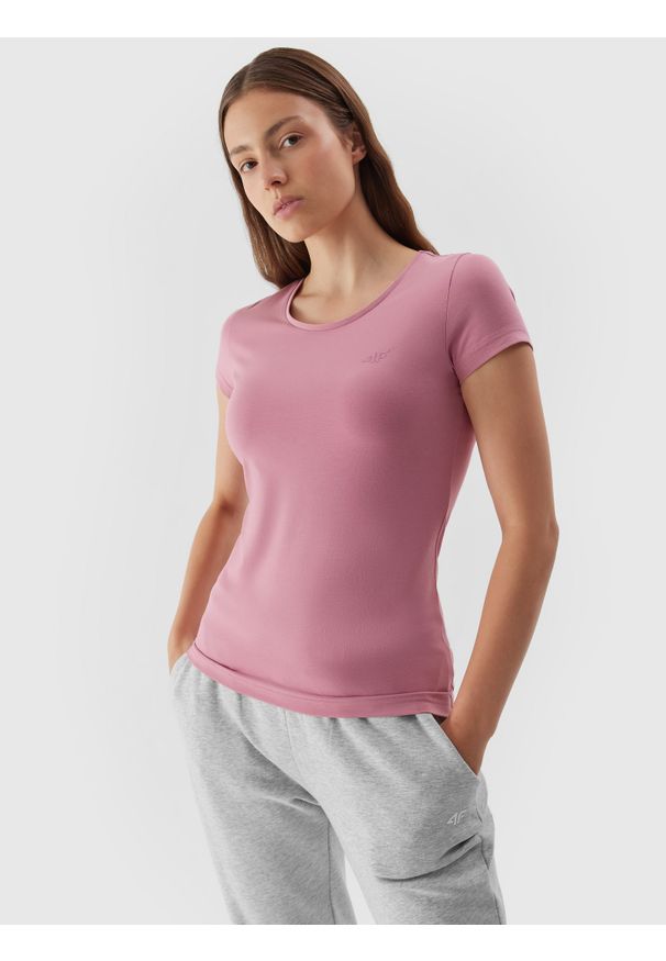 4f - T-shirt regular gładki damski. Kolor: różowy. Materiał: bawełna, elastan. Wzór: gładki