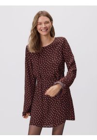 Reserved - Sukienka mini w kropki - brązowy. Kolor: brązowy. Materiał: wiskoza. Wzór: kropki. Długość: mini #1
