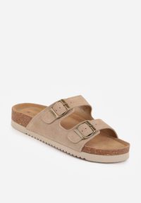 Born2be - Ciemnobeżowe Klasyczne Klapki z Zamszu Naturalnego z Paskami z Klamrami z Regulacją Realie. Okazja: na co dzień. Kolor: beżowy. Materiał: zamsz. Wzór: paski. Styl: klasyczny #2