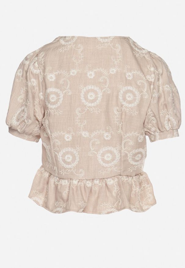 Born2be - Beżowa Bawełniana Bluzka z Ozdobnym Haftem Selselina. Okazja: na co dzień. Kolor: beżowy. Materiał: bawełna. Wzór: haft. Styl: elegancki, casual