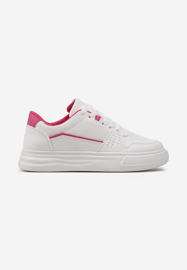 Renee - Biało-Fuksjowe Sznurowane Sneakersy Ozdobione Perforacją i Przeszyciami Eglia. Kolor: biały. Wzór: aplikacja