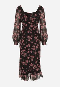 Born2be - Czarno-Różowa Taliowana Sukienka VICES z Falbankami i Bufiastymi Rękawami Aruvita. Okazja: na ślub cywilny, na wesele. Typ kołnierza: kołnierz z falbankami. Kolor: czarny. Materiał: lakier. Typ sukienki: oversize. Styl: klasyczny #6