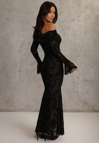 Renee - Czarna Wizytowa Sukienka VICES Off Shoulder z Kwiatowym Wzorem z Weluru Adrakharei. Okazja: na imprezę. Kolor: czarny. Materiał: welur. Wzór: kwiaty. Styl: wizytowy #6