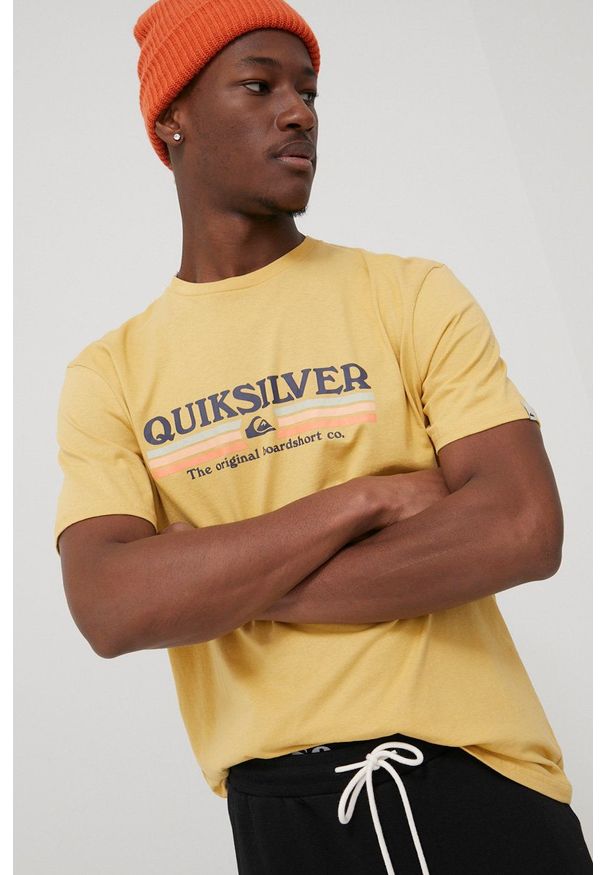 Quiksilver t-shirt bawełniany kolor żółty z nadrukiem. Kolor: żółty. Materiał: bawełna. Wzór: nadruk