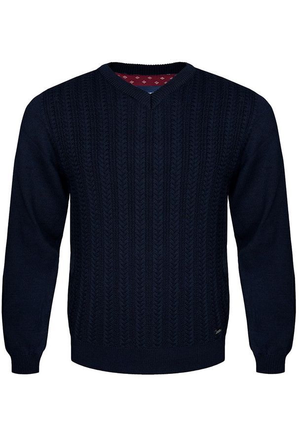 M. Lasota - polski producent - Granatowy sweter męski w serek z wełny merino SL02 Fabiano. Typ kołnierza: dekolt w serek. Kolor: niebieski. Materiał: wełna. Wzór: ze splotem, gładki. Styl: sportowy