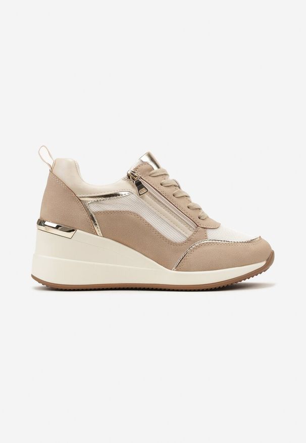 Born2be - Brązowe Sneakersy na Koturnie z Ozdobnym Suwakiem i Metalicznymi Wstawkami Univia. Okazja: na co dzień. Kolor: brązowy. Materiał: jeans. Obcas: na koturnie