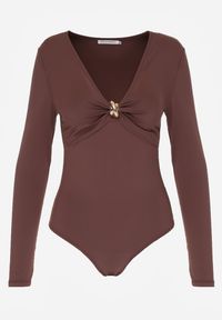 Born2be - Brązowe Body Ozdobione Aplikacją i Marszczeniem przy Dekolcie Ferenice. Okazja: na co dzień. Kolor: brązowy. Materiał: jeans. Wzór: aplikacja. Styl: casual #2