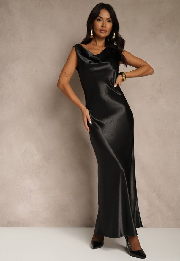 Renee - Czarna Satynowa Wiskozowa Sukienka Koktajlowa z Bawełną Deleisana. Kolor: czarny. Materiał: satyna, bawełna, wiskoza. Styl: wizytowy