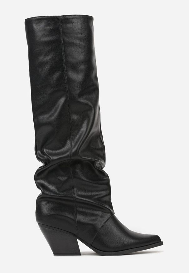 Renee - Czarne Marszczone Kozaki na Obcasie w Kształcie Stożka Atima. Okazja: na imprezę. Kolor: czarny. Materiał: jeans, koronka. Obcas: na obcasie. Wysokość obcasa: średni