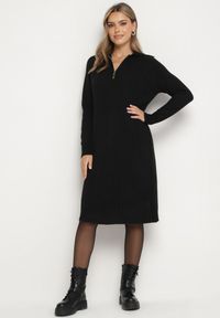 Born2be - Czarna Sukienka z Bawełną i Wełną z Kołnierzykiem na Suwak Tereithra. Okazja: na co dzień, na spotkanie biznesowe. Kolor: czarny. Materiał: wełna, bawełna. Typ sukienki: proste. Styl: casual, biznesowy, elegancki, wizytowy #6