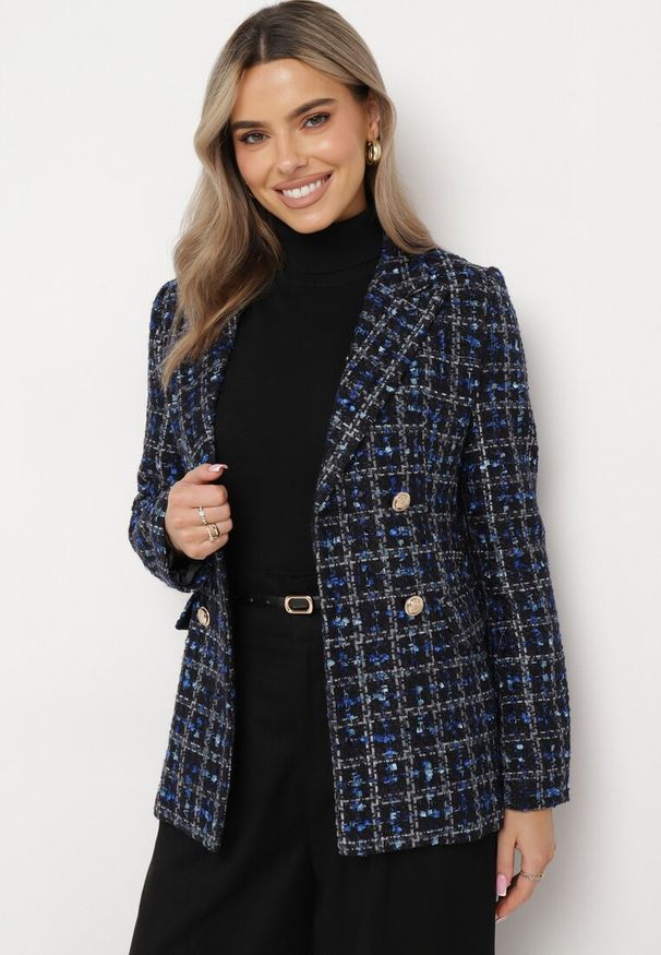Born2be - Czarno-Granatowa Dwurzędowa Marynarka z Tweedowej Tkaniny z Ozdobnymi Guzikami Tieras. Kolor: czarny. Materiał: tkanina. Styl: klasyczny