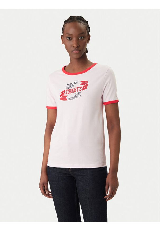 Tommy Jeans T-Shirt Wavy Flag Contrast Ringer DW0DW22306 Różowy Regular Fit. Kolor: różowy. Materiał: bawełna