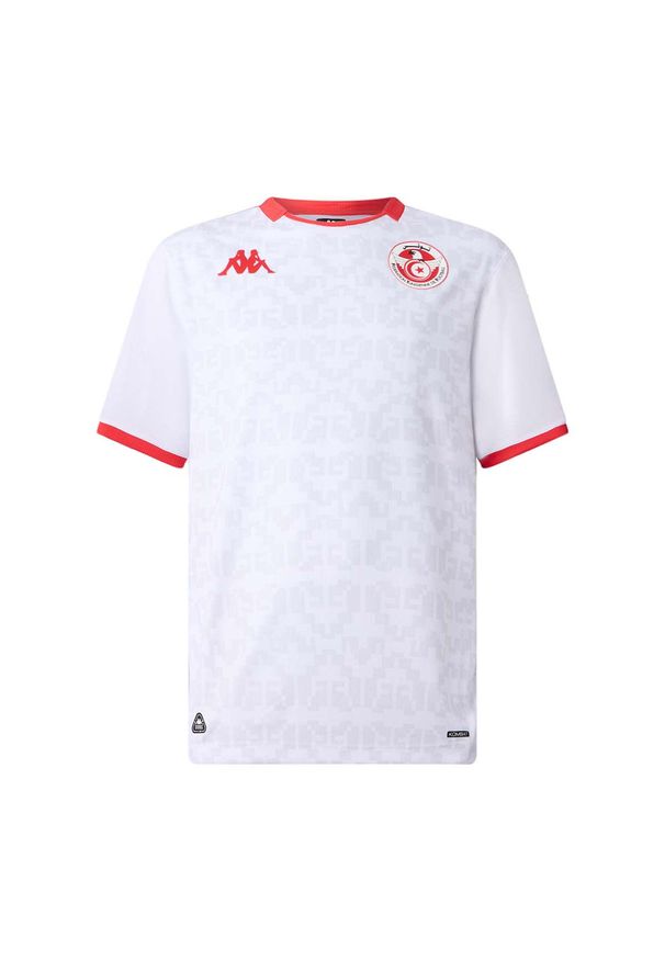 Kappa - Koszulka wyjazdowa dziecięca Tunezja Kombat 2025/26. Kolor: czerwony, wielokolorowy, biały. Sport: piłka nożna