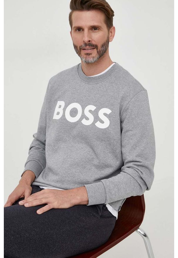 BOSS bluza bawełniana męska kolor szary z nadrukiem. Kolor: szary. Materiał: bawełna. Wzór: nadruk. Styl: klasyczny