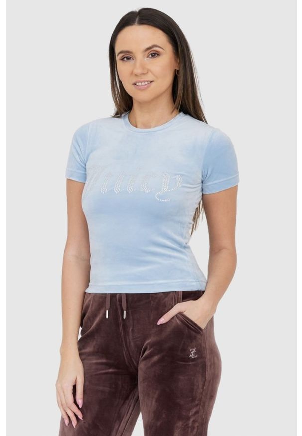 Juicy Couture - JUICY COUTURE Błękitny welurowy t-shirt damski z błyszczącym logo, Rozmiar L. Kolor: niebieski. Materiał: welur