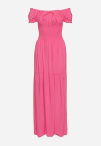 Born2be - Różowa Wiskozowa Sukienka Typu Hiszpanka z Marszczoną Górą Moalle. Okazja: na spacer. Typ kołnierza: dekolt hiszpanka. Kolor: różowy. Materiał: wiskoza. Styl: elegancki, klasyczny #7